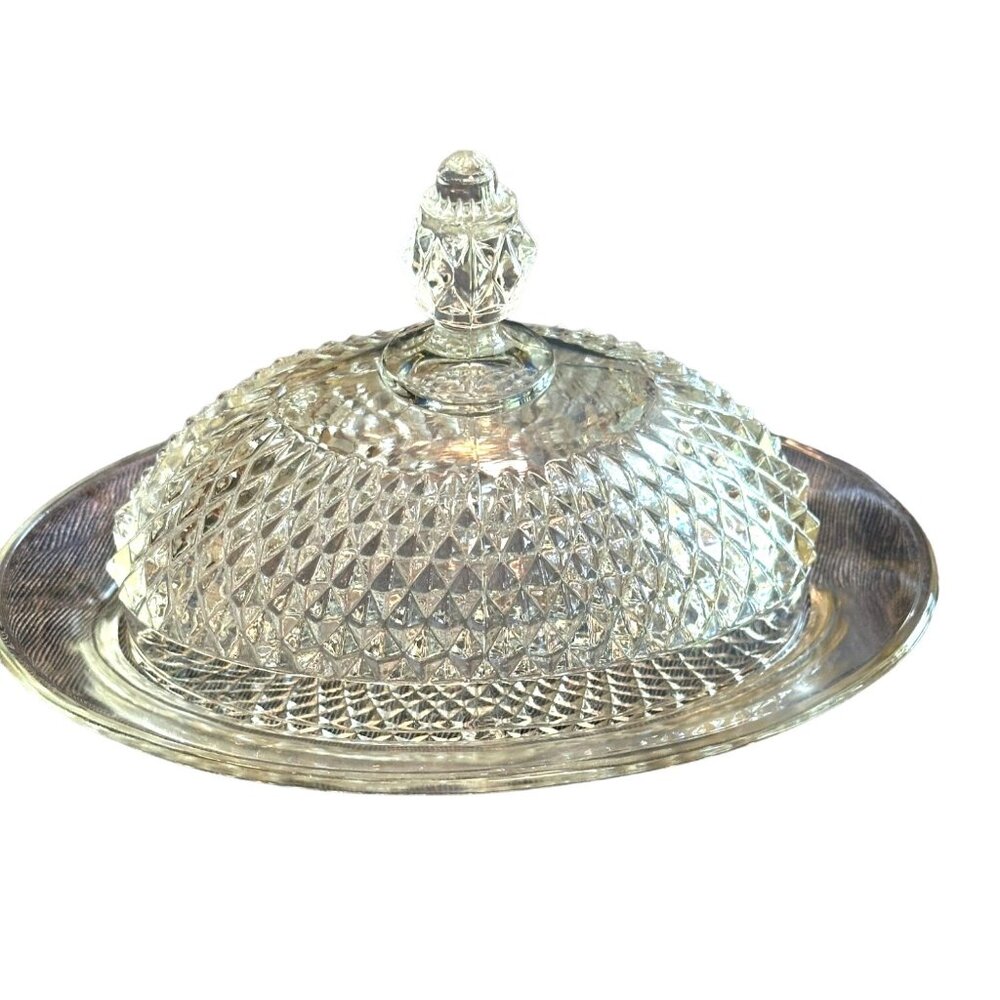 Vintage Domed Diamond Point Indiana Glass Butter Dish Oval m8 3/4" x 6"‎
